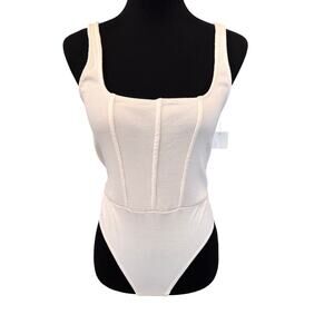 New OPEN EDIT NORDSTROM Corset Detail Cotton Blend Rib Bodysuit Size M